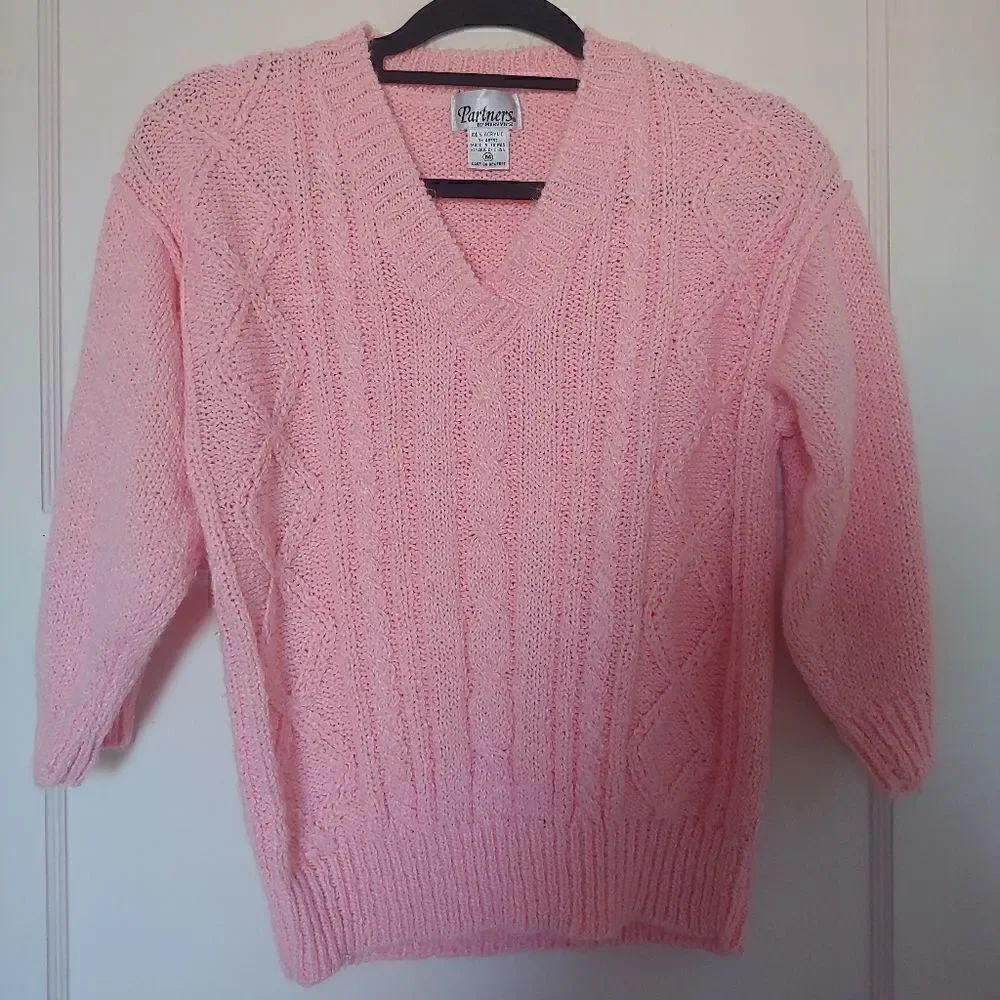 Vintage Partners by Mervyn's Women's Pink Cable Knit V-neck Sweater 3/4 Sleeve M